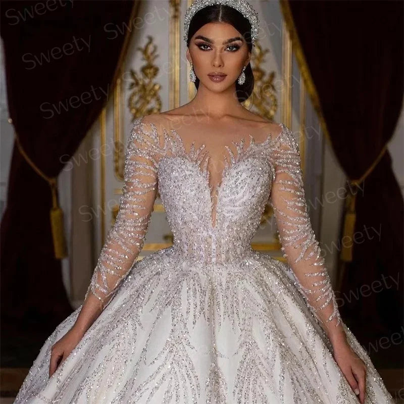 Glitter Wedding Dress Lace With Beading Ball Gown Princess Full Sleeve O-Neck Bride Dress Backless Customized Vestido De Novia
