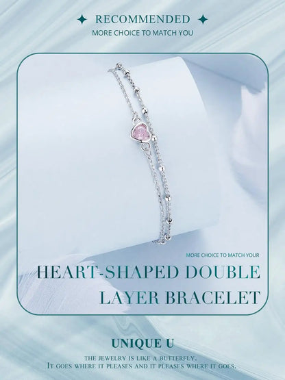 925 Sterling Silver Double Layer Bracelet Pink Heart Adjustable Round Beads Chain Link for Women Valentine's Day Gift