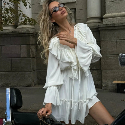 White Ruffle Bandage Mini Dress Women's Elegant Patchwork Long Sleeve Dress New Slim V Neck Lace Up Summer Mini Dress