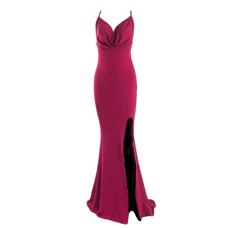 Cowl Neck Backless Cross Straps Split Stretch Bridesmaids Dress Wedding Guest Mermaid Sleeveless Slim Party Evening Gown