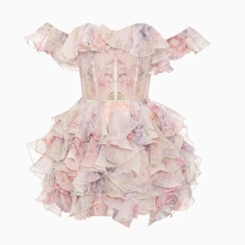 Fashion Flower Printed Ruffles Mini Dress For Women Chic Chiffon Bodycon High Waist Vestidos 2025 Lady Vacation Street Gowns New