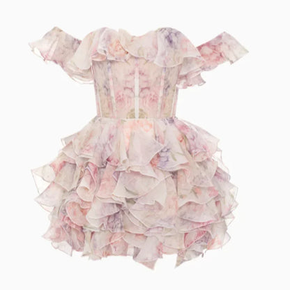 Fashion Flower Printed Ruffles Mini Dress For Women Chic Chiffon Bodycon High Waist Vestidos 2025 Lady Vacation Street Gowns New