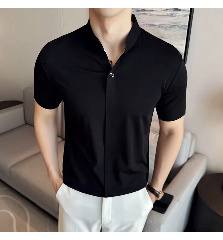 Men's High Elastic V-neck Polo Shirt, Thin Short-sleeve T-shirt, Business Casual Men's Top, 2024 High Quality, M-4XL.
