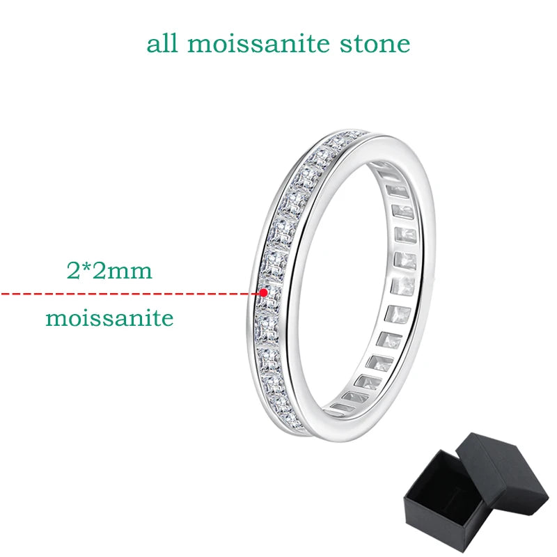 925 Sterling Silver Princess Cut Moissanite Ring for Women 2*2mm D Color Full Eternity Stackable Wedding Band Lab Diamond