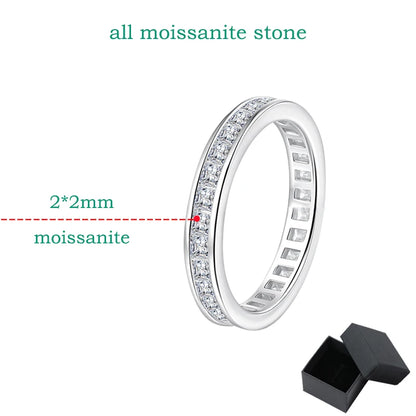 925 Sterling Silver Princess Cut Moissanite Ring for Women 2*2mm D Color Full Eternity Stackable Wedding Band Lab Diamond