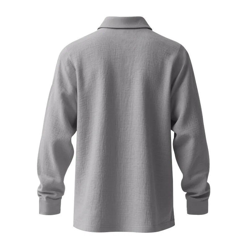 Linen shirt stand-up collar button-down men's loose casual breathable V-neck long-sleeved polo shirt