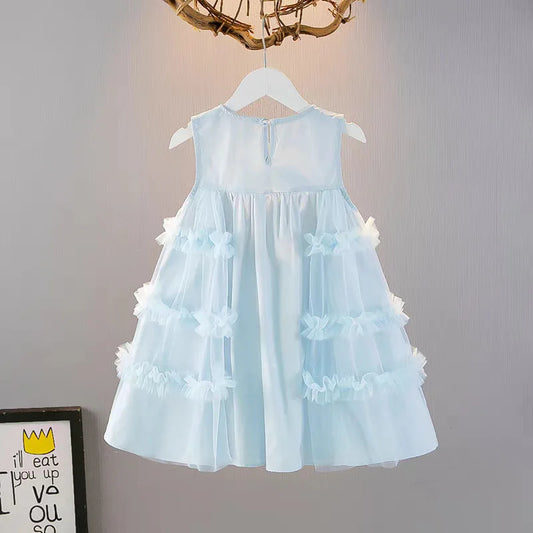 Vestido fofo de renda azul sem mangas com bolsa para meninas de 2 a 10 anos Roupa Infantil 6.1 Roupas de Dia das Crianças