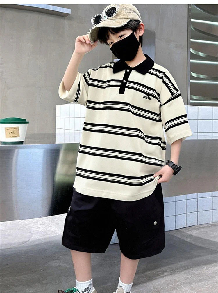 2025 New Kids Boys Cotton Top and Bottom Clothing Set for Child Stripe Polo Shirt + Shorts Two Pieces Summer Outfit Clothes Set