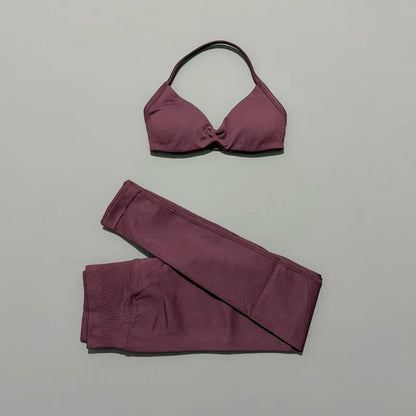 2 Piece Sports Set Women Yoga Backless Halter Bra High Waist Scrunch Seamless Pants Sport Suit Gym Sportswear Workout Set