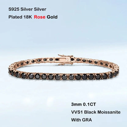 GRA Certified 3mm 0.1CT Gradient Color Black Grey White Moissanite Tennis Bracelet for Men Woman 925 Silver Link Bracelets