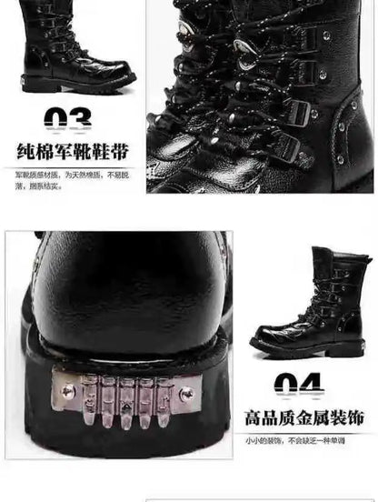 Men Motorcycle Boots Fashion Mid-Calf Punk Rock Punk PU Leather Black High Top Mens Casual Boot Steel Toe Shoes Big Size 38-46
