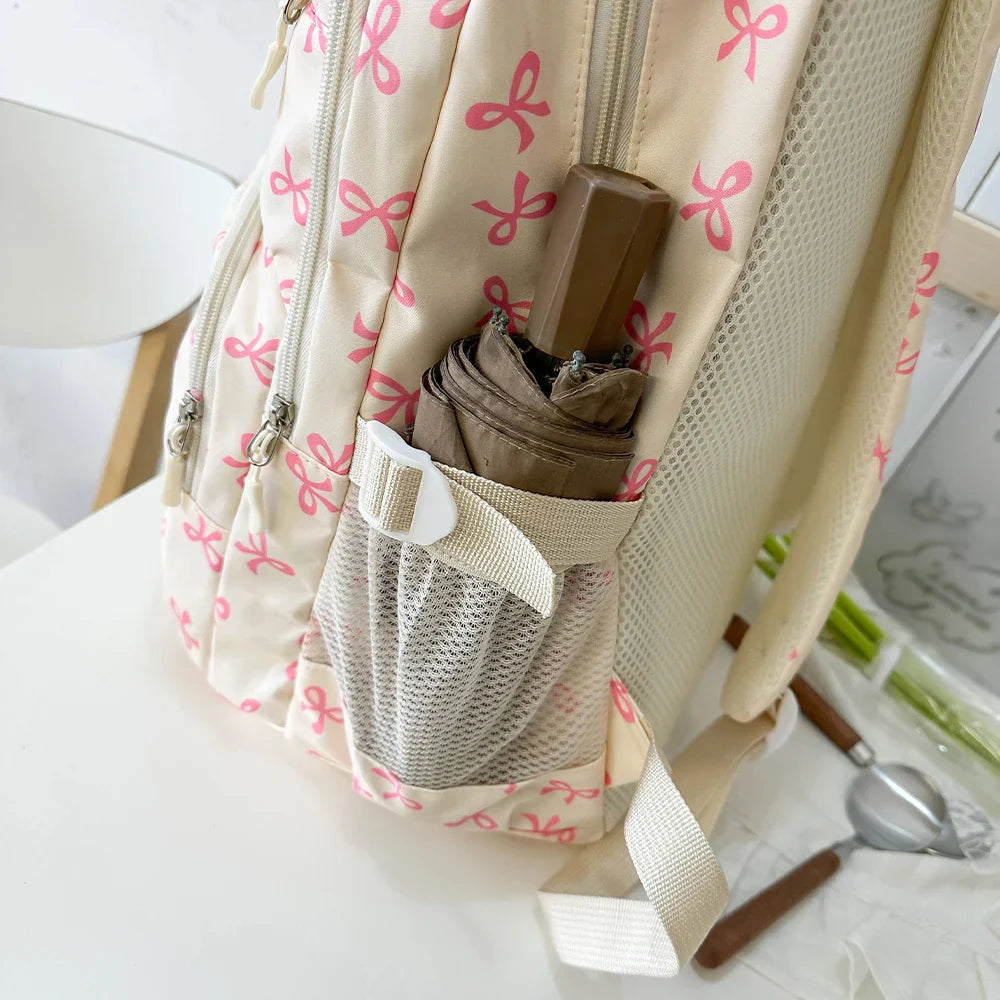 Korean Fashion Bow Print Women's Fashion Backpack Lightweight Simple Student Schoolbag Female Bag Set Three-Piece