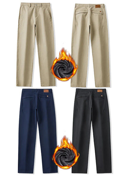 2025 Winter Fleece Pants Men's Pocket Fashion Thickened Cotton Stretch Comfort Plush Straight Business Pants Male
