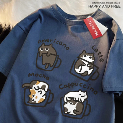 American Style Coffee Cat Print T-Shirts Man Casual Cotton T-Shirt Summer Breathable Tee Clothing Casual Loose Male T-Shirts
