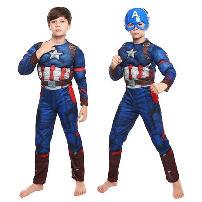 Captain America  Muscle Costume Superhero Captain America Muscle Jumpsuit Shield Cape Outfits Halloween Carnival Costumes