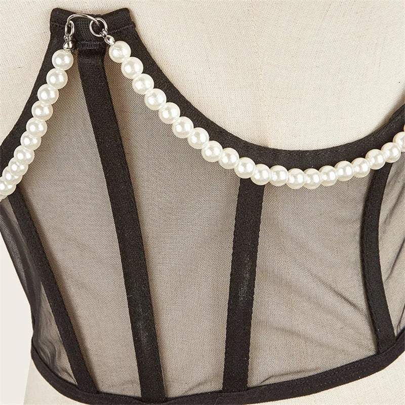 Pearl Chain Bustiers Tied Waspie Wide Belt Cinchers Underwire Lace-up Underbust Corset Bustier Corsets Tops Boned Corset