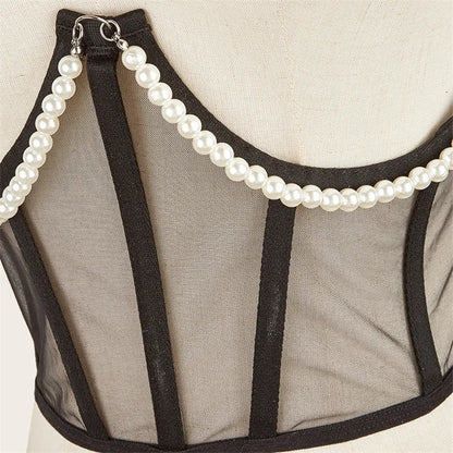 Pearl Chain Bustiers Tied Waspie Wide Belt Cinchers Underwire Lace-up Underbust Corset Bustier Corsets Tops Boned Corset