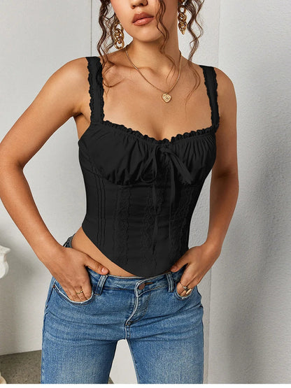 Women's Sleeveless Spaghetti Strap Lace Crop Corset Top Backless Double Layer Fashion Casual Party Cami Bustier Tops