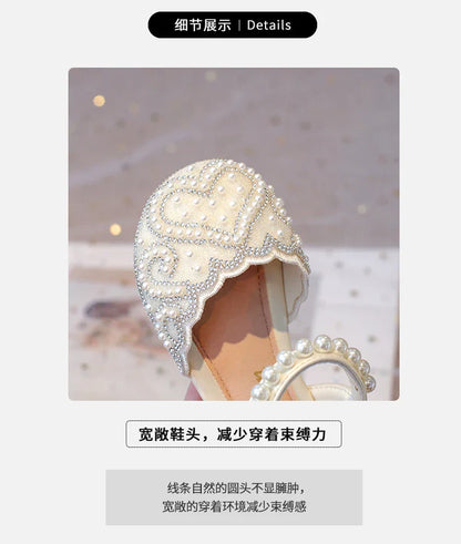 2025Summer Girls Sandals With Heel Fashion Rhinestone Shiny Glitter Shoes Children Princess Bowtie Pearl Dancing Shoes