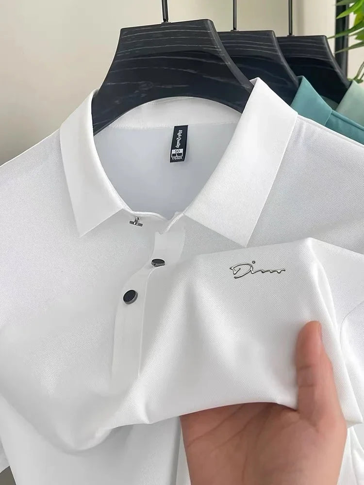 Summer new high-quality ice silk fabric comfortable polo shirt fashionable high-end mens exquisite badge breathable short sleeve