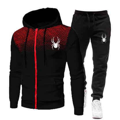 2025 Spring Winter spider print zipper long-sleeved hoodie + stretch waist pants two-piece men's sports jogging fitness suit