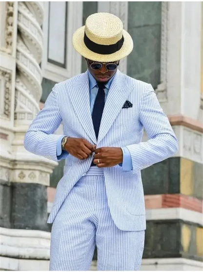 2 Pieces  Casual Men Suits Seersucker Stripe Outfits Custom Wedding Groom Tuxedo Costume Homme Peaked Lapel Jacket+Pants