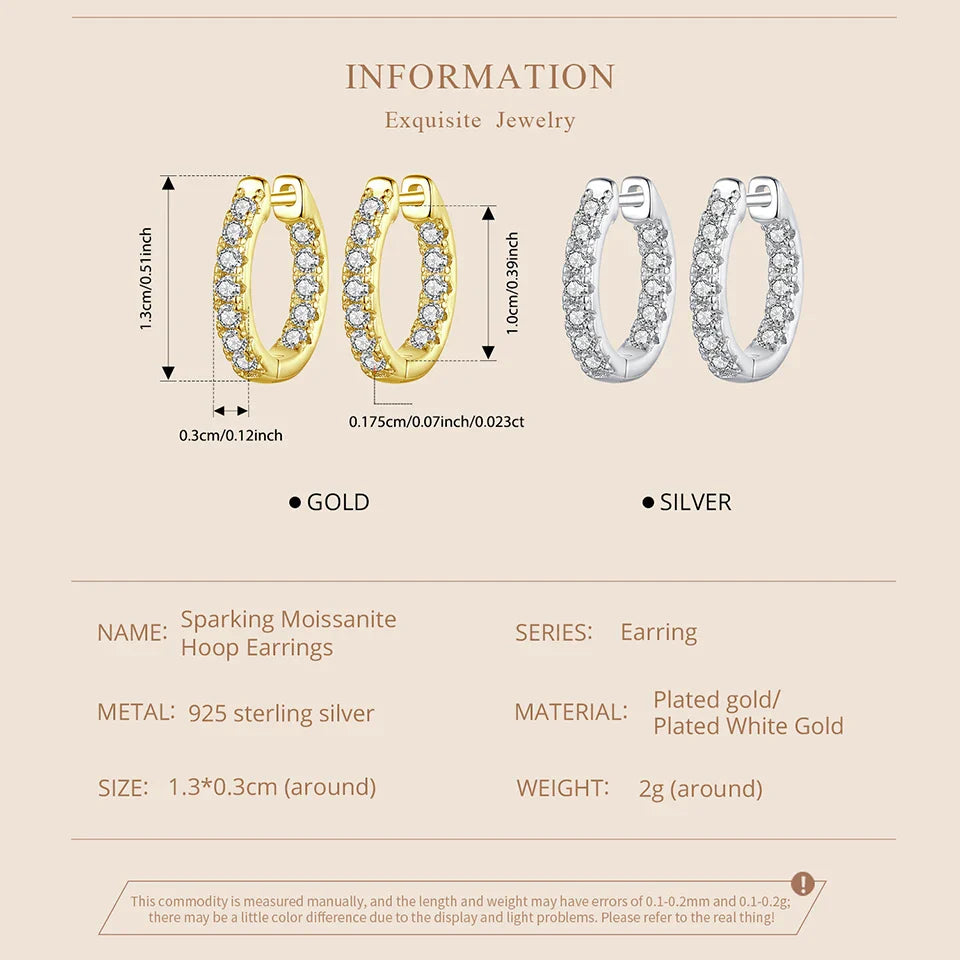 Platinum Plated Moissanite Hoop Earrings for Women, D Color Round Cut Lab Diamond 925 Silver Hypoallergenic Earrings