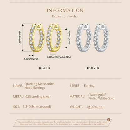 Platinum Plated Moissanite Hoop Earrings for Women, D Color Round Cut Lab Diamond 925 Silver Hypoallergenic Earrings