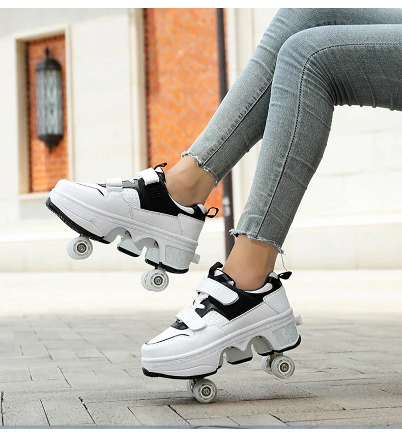 Children Wheels Shoes Roller Sneakers With 4 Wheels Skates Adult Runaway Parkour Deformation Shoes For Women Men Youth Kids Gift