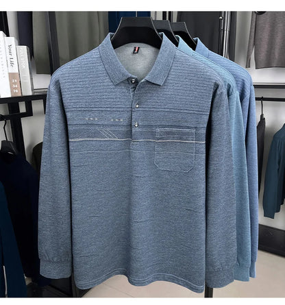 High quality striped printed long sleeve polo shirt men's fashion light luxury pocket autumn new business casual lapel T-shirt