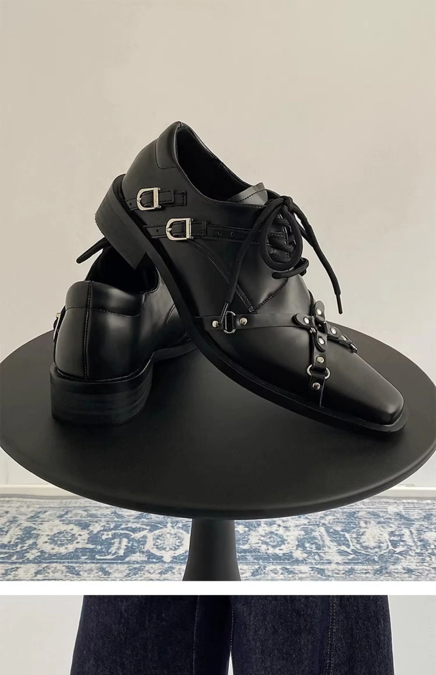Men's formal leather shoes pointed niche design dark style Oxford shoes strap metal decoration business casual derby shoes