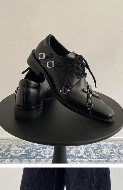 Men's formal leather shoes pointed niche design dark style Oxford shoes strap metal decoration business casual derby shoes