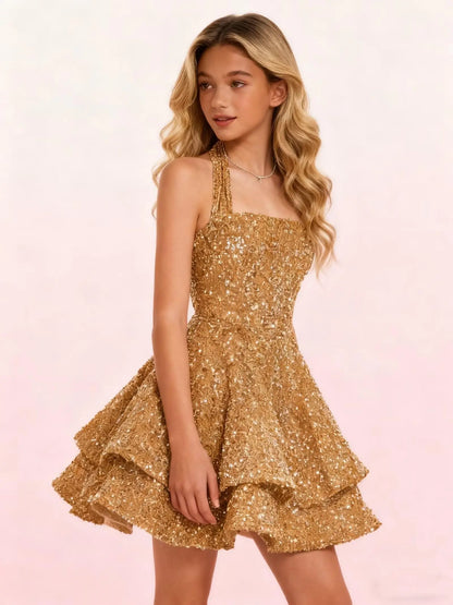 Sequin Short Homecoming Dress for Teens Short Prom Dresses Halter Neck Sparkly Tiered Cocktail Party Gowns