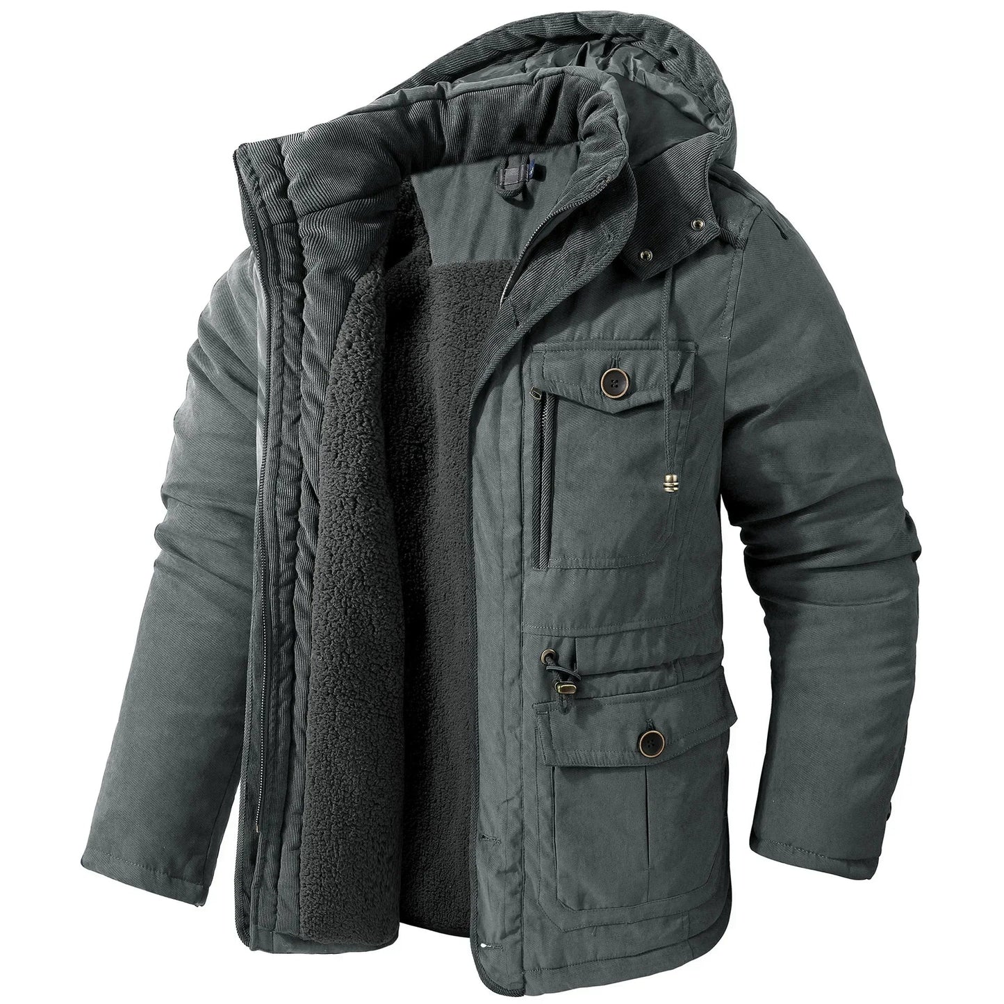 Men's Jacket WINTER USA SIZE Large SIZE Lamb Fleece JACKETS Hooded Cotton Thickened Multi Pocket Casual Mid length Coat