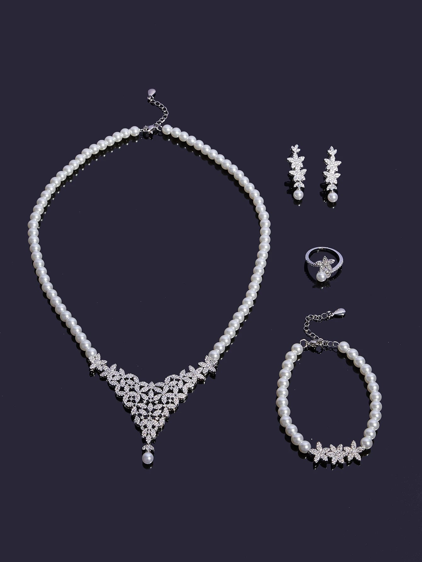 New Trendy Pearl Tassel 40cm Necklace Earring 4PCS Jewelry Set For Women Wedding Party Full Zircon Dubai Bridal Jewelry Set Gift
