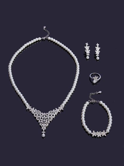 New Trendy Pearl Tassel 40cm Necklace Earring 4PCS Jewelry Set For Women Wedding Party Full Zircon Dubai Bridal Jewelry Set Gift