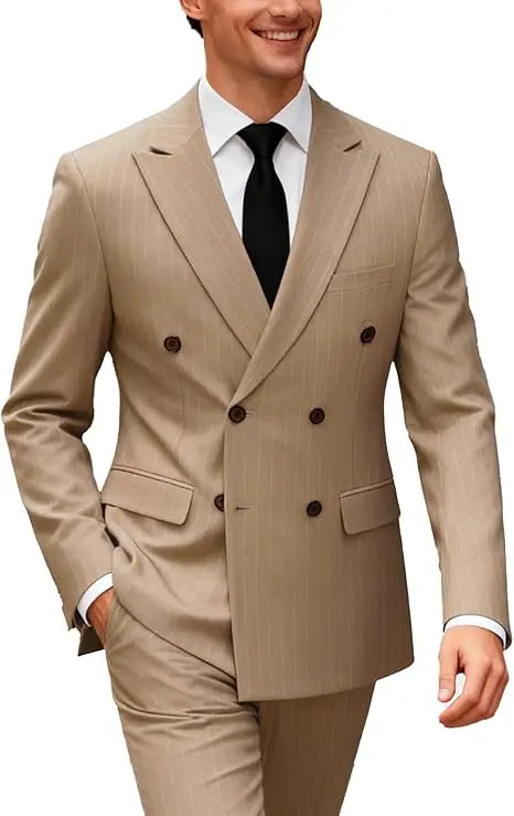 2pc Striped Double Breasted Men’s Suit Set(Jacket+Pants) Business Formal Man Suits Wedding Party Prom Dinner Work Travel Dinner