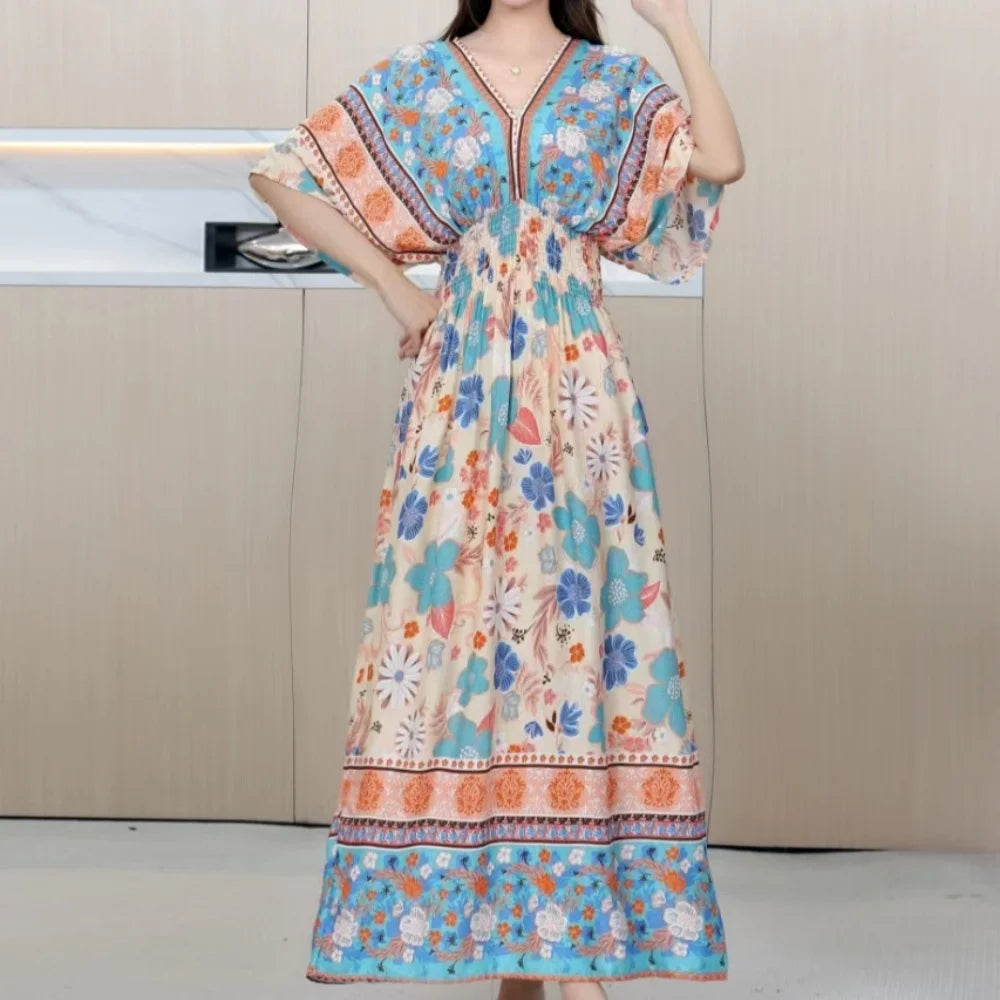 Flower V-neck Elastic Youthful Bohemian Sweet Midi Dress Woman Clothes Chic Fashion Summer Dresses 2025 Large Swing Ski