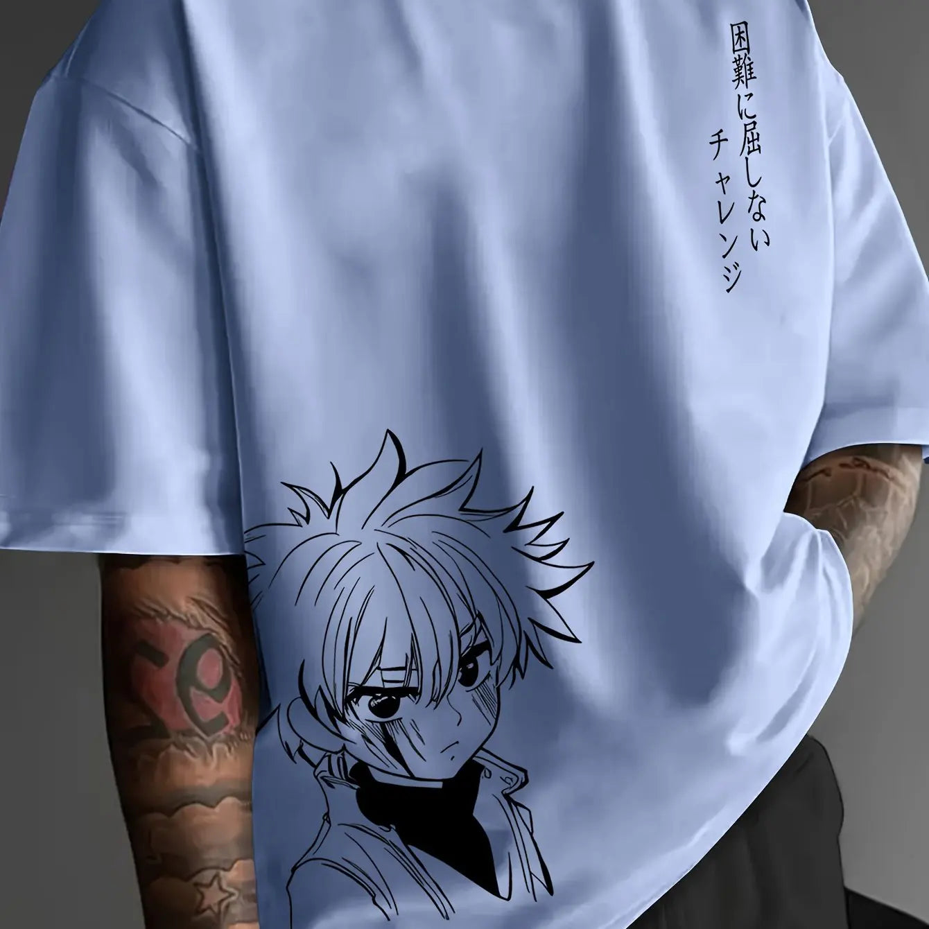 Men's 100% cotton fashionable casual loose fitting Japanese anime character pattern printed round neck short sleeved T-shirt top