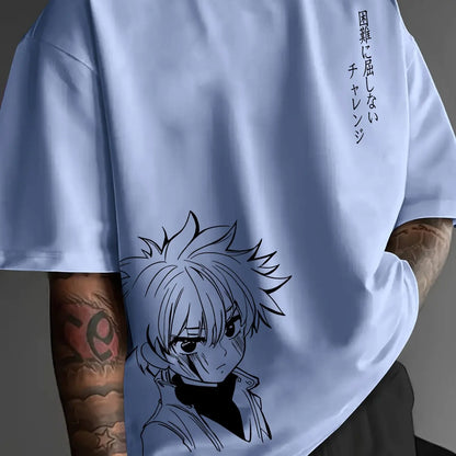 Men's 100% cotton fashionable casual loose fitting Japanese anime character pattern printed round neck short sleeved T-shirt top