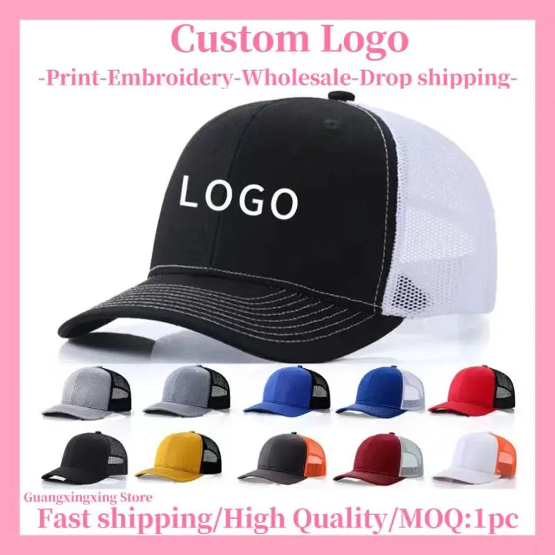 Custom embroidered logo hat Men's and women's mesh cap cotton baseball cap design DIY picture printing logo hat Summer sun hat