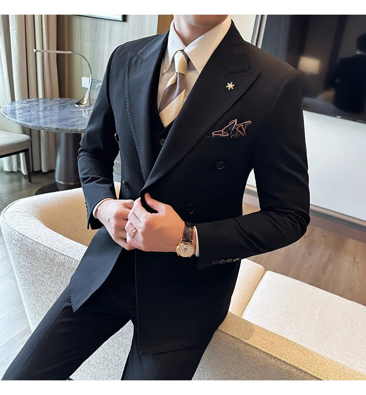 (Jackets+Pants) Luxury Double Breasted Design Slim Fit Suit High Quality Fashion Men's Wedding Social Suit Tuxedo 2 Piece Set