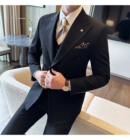 (Jackets+Pants) Luxury Double Breasted Design Slim Fit Suit High Quality Fashion Men's Wedding Social Suit Tuxedo 2 Piece Set