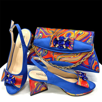 Fashion Purple Color Painted Rhinestones Elegant Peep Toe Sandals Shoes and Bag Set Italian Heels for Womens