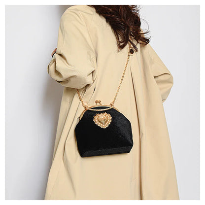 Velvet Frame Heart Dinner Hand Bags Diamonds Chains High Quality Shoulder and Crossbody Bags for Women 2024 Fashion Hot Sale