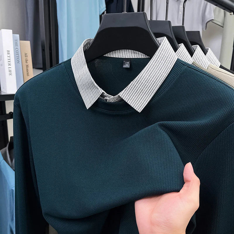 High End Brand Men's Striped Lapel Fake Two Piece Polo Shirt Designer Autumn Winter Fashion Business Simple Versatile Men's Wear
