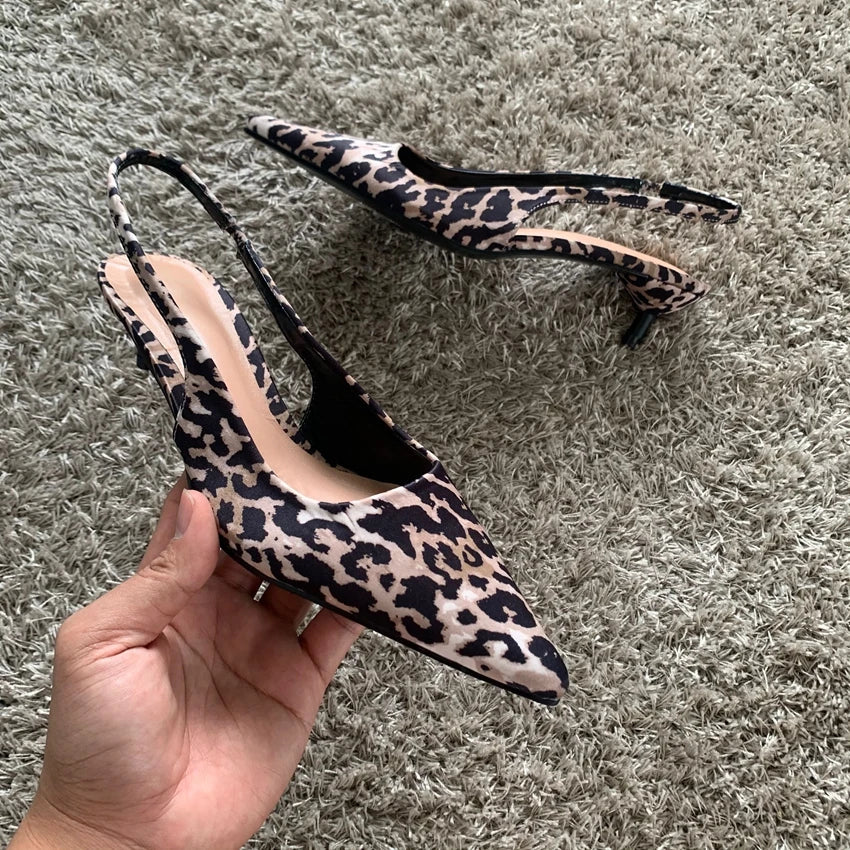 Woman Leopard Print High Heels Women Sandals Summer Fashion Pointed Toe Low-heel Pumps Slingbacks Elegant Female Heeled Shoes