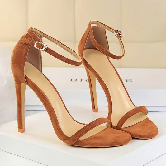 Women Gladiator Stiletto Classic Ankle Strap Holiday Beach Sandals Lady Fashion Suede 8cm 11cm High Heels Sexy Red Brown Sandles