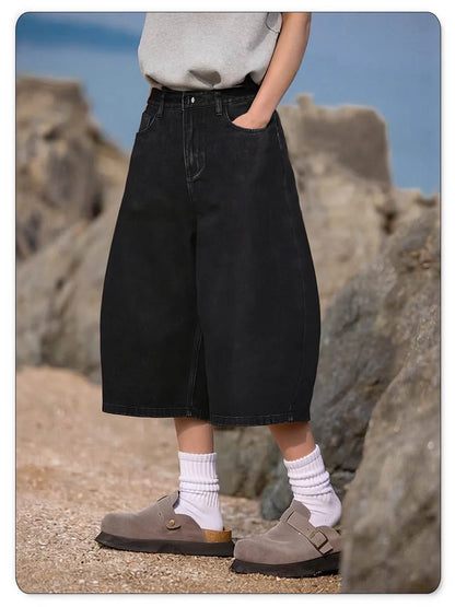 Summer American Style Retro Black Ultra Baggy Machete Wide Leg Denim Shorts Fashion Men's Women's Daily Jeans Capris Jeans