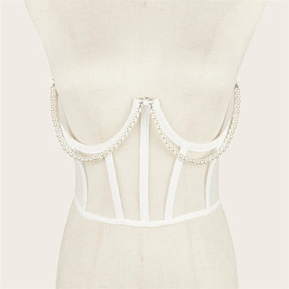 Pearl Chain Bustiers Tied Waspie Wide Belt Cinchers Underwire Lace-up Underbust Corset Bustier Corsets Tops Boned Corset
